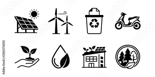 Environmental sustainability icons set including solar wind recycling and eco friendly transport