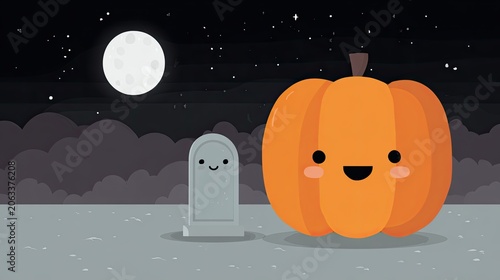 Cartoon halloween scene with pumpkin tombstone and full moon night