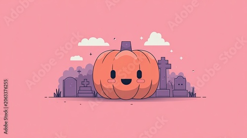 Cartoon pumpkin character with cemetery background halloween illustration