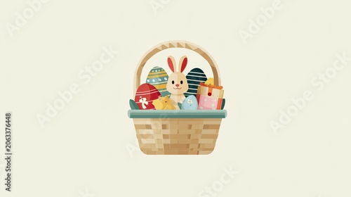 Easter basket illustration with eggs bunny and presents on neutral background