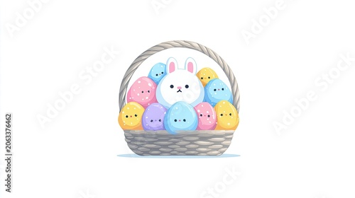 Easter bunny and decorated eggs in a woven basket on white background