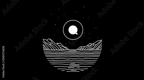 Minimalist landscape with letter q and stars on black background