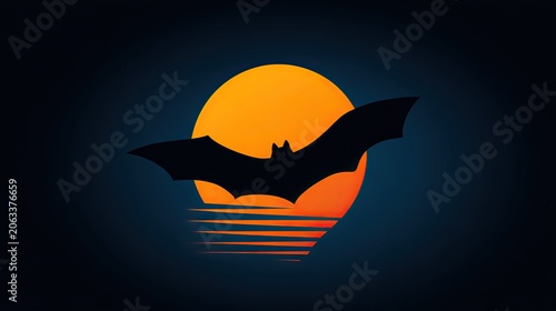 Silhouette of a bat flying across a sunset sky graphic design element