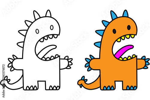Cute Orange Cartoon Dinosaur Monster Illustration With Coloring Page Outline For Kids And Crafts