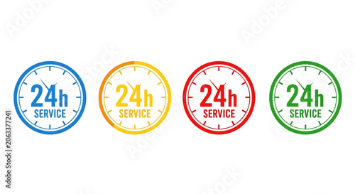 24h service clock icons set, colorful round twenty four hour customer support symbols, flat vector badges for non-stop assistance and delivery