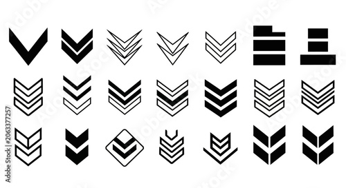 Billede på lærred Military chevron rank insignia set, 21 black vector arrow icons, sergeant stripe