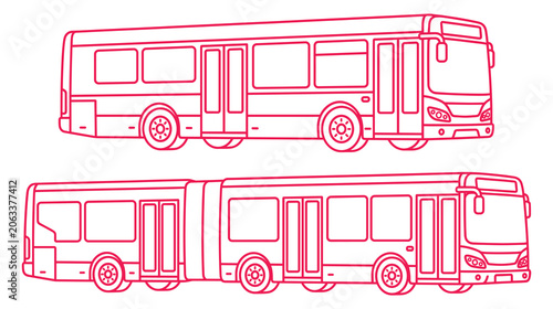 Schilderij op canvas Line art illustration of public transport bus and articulated vehicle with red outlines