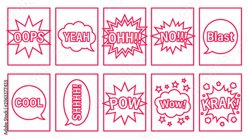 Photos Minimalist red line art comic book speech bubbles and sound effect words vector set icon