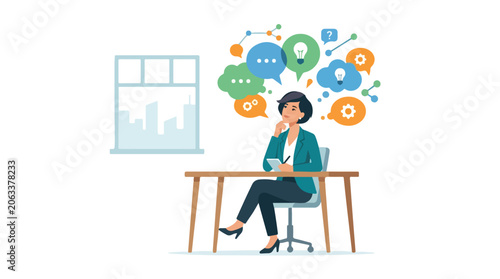 Photos A businesswoman sits at her office desk, contemplating new ideas represented by colorful icons and speech bubbles floating above her head
