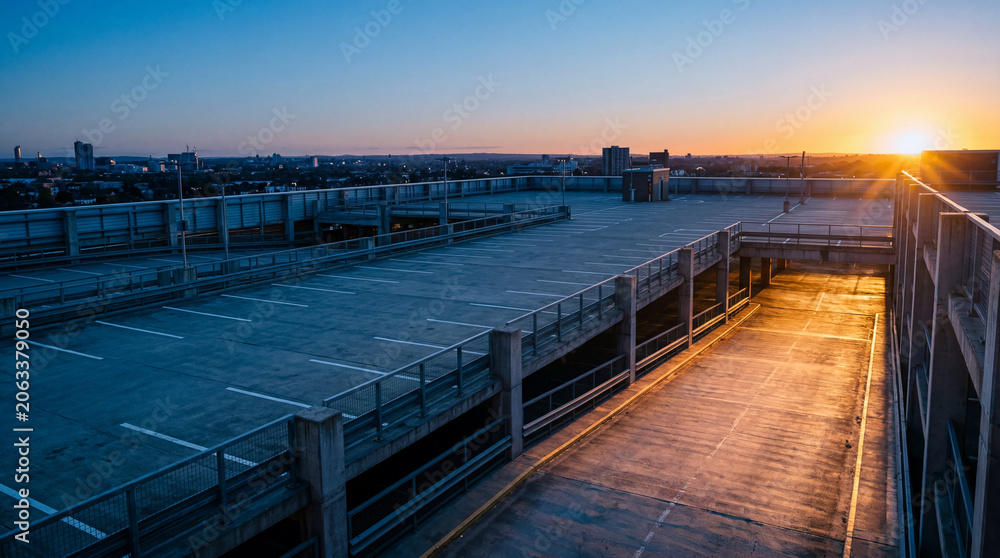 Obraz premium Scenic elevated parking deck at dawn showing cool blue ambient sky light mixing with sunbeams