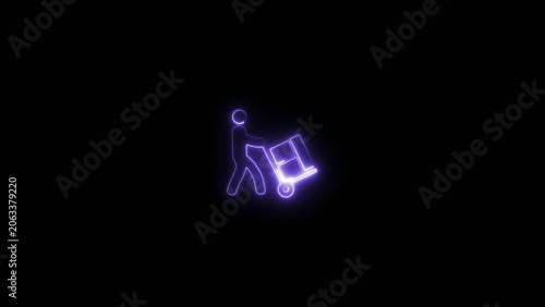 Φωτογραφία Neon blue glowing outline of a person pushing a hand cart with a box on dark Generate title without using the word Title: before it