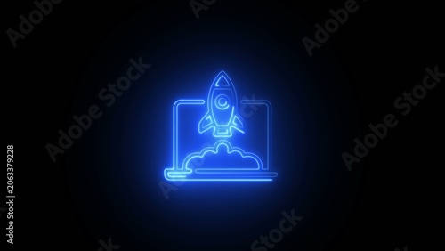 Neon blue glowing outline of a rocket launching from a laptop screen with clouds Generate title without using the word 