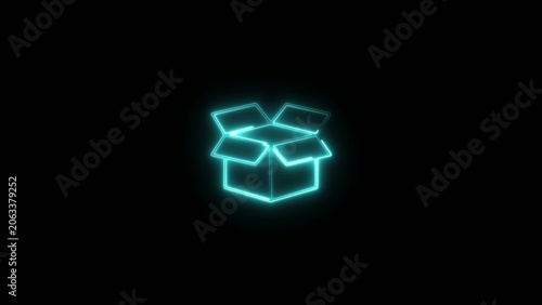Foto Neon blue glowing outline of an open cardboard box with folded flaps on a dark Generate title without using the word Title: before it