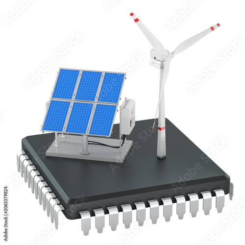 Renewable energy chip with solar panels and wind turbine. 3D rendering