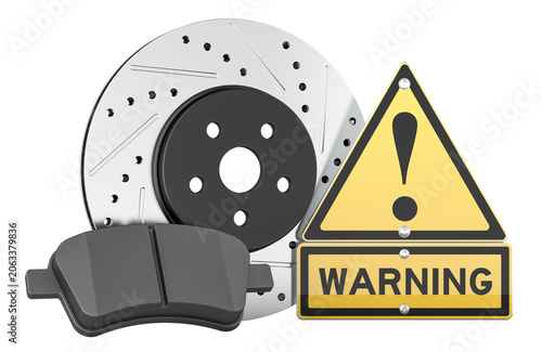 Brake disc and pad with warning sign for car safety. 3D rendering