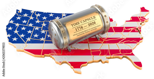 USA time capsule on patriotic map for 1776 to 2026 anniversary. 3d rendering