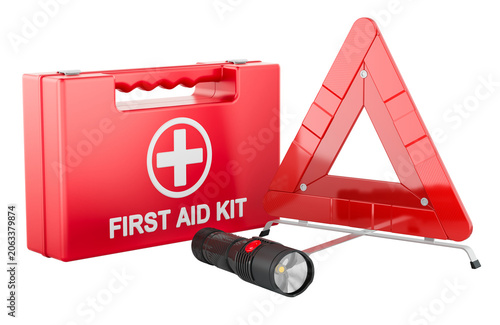 Car emergency kit with first aid box, flashlight and warning triangle. 3D rendering