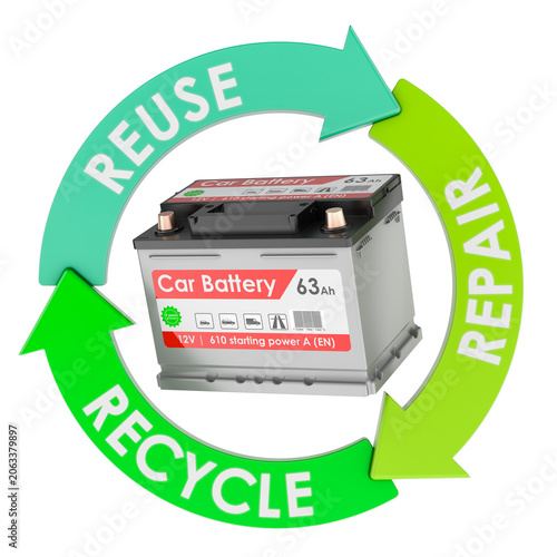Car battery with recycle arrows. Sustainable automotive battery lifecycle, 3d rendering
