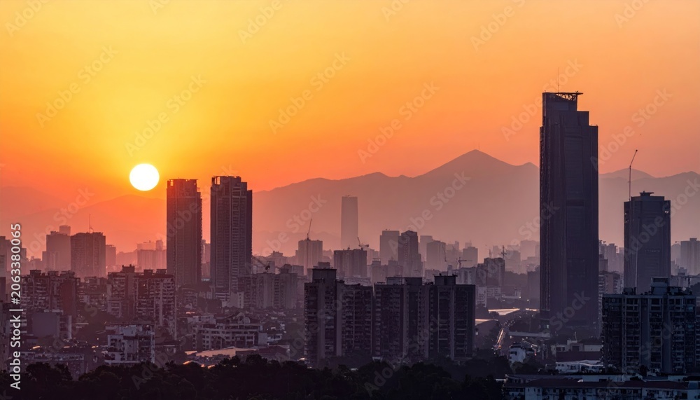 Fototapeta premium City skyline silhouettes against an orange sunset with mountains in the distance