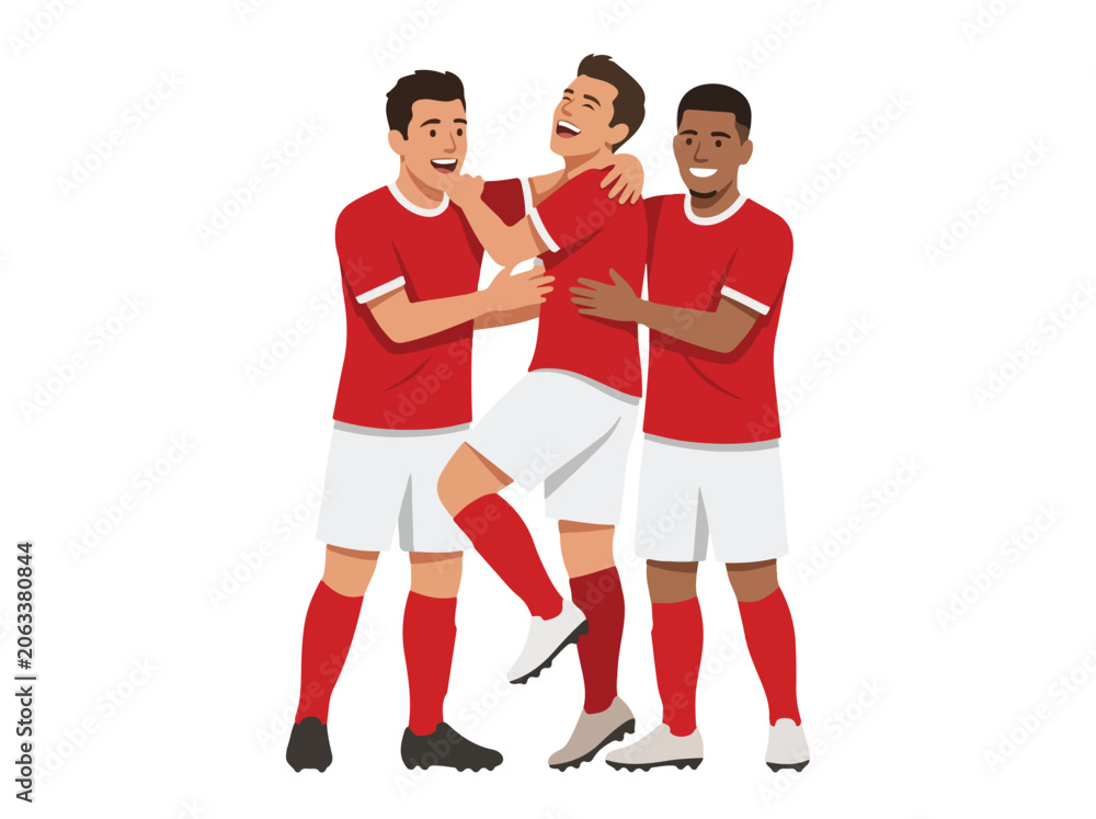 Obraz premium Group of three male soccer players celebrating together on the field during a match