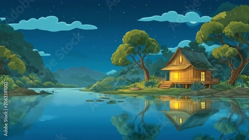 Cartoon-style cabin by calm water, under a moonlit night sky