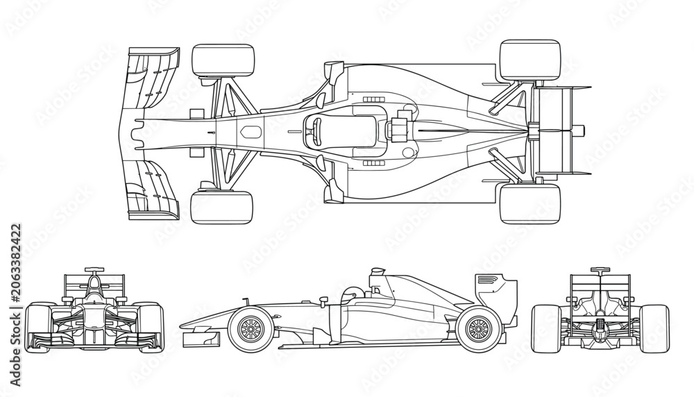 Fototapeta premium Formula 1 race car blueprints top front side elevation view vector drawing on transparent background.