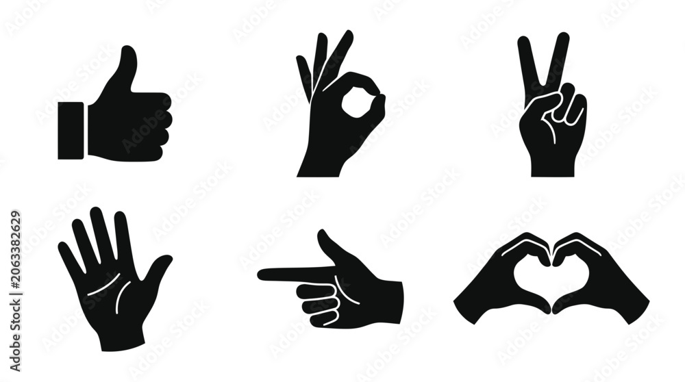 Fototapeta premium Set of 6 Hand Gestures Icons: Thumbs Up, Ok, Peace, Open Hand, Pointing, Heart Shape