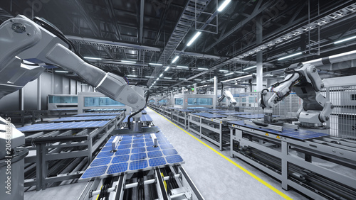 Obraz na plátne Solar panel factory with industrial robot arms placing PV modules on automation lines, 3D illustration of industrial building interior, mass production warehouse producing sustainable solar cells