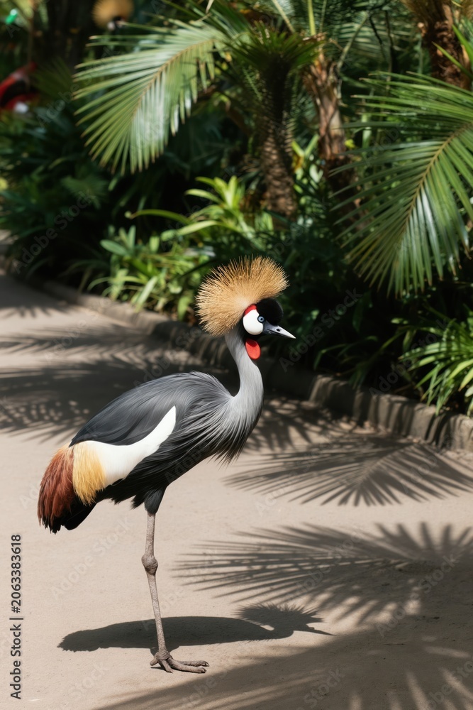 Fototapeta premium Grey crowned crane walks on dirt path in tropical park. Exotic bird displays colorful feathers and unique head crest. Rich green foliage forms a vibrant background, sunny day.