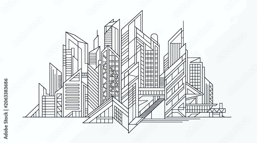 Obraz premium Modern Cityscape Line Drawing: Abstract Geometric Architecture of Futuristic Skyscrapers