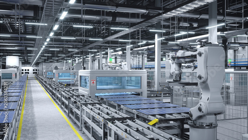 Fotografía Busy solar panel factory with robotic arms placing photovoltaic modules on conveyor belts, 3D rendering