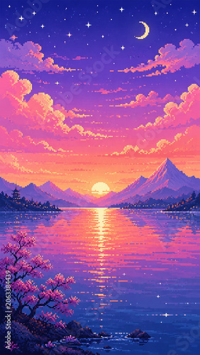 8 Bit Anime Abstract Pixel Art Background, Retro Fantasy Sky Vertical Wallpaper