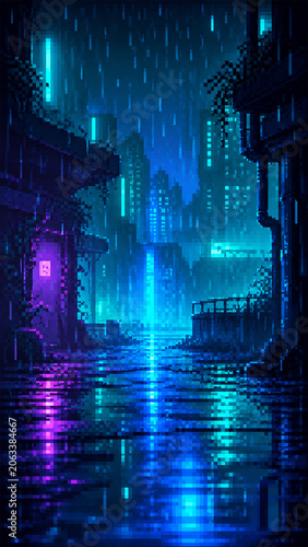 8 Bit Anime Abstract Pixel Art Background, Retro Fantasy Sky Vertical Wallpaper