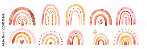 Watercolor rainbow clipart set in warm pastel pink, peach and orange tones. Hand-painted boho rainbows with hearts, dots, decorative elements. Nursery decor, baby shower design, kids room illustration