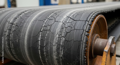 Rubber conveyor belt showing wear cracks on rollers during industrial use