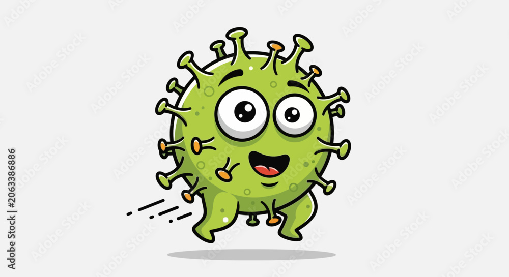 Fototapeta premium A cheerful cartoon virus character runs with a big smile on a white background like whisks.