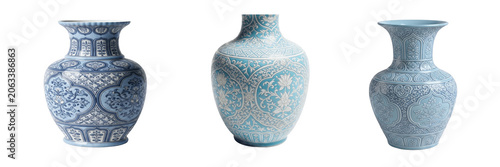 Set of classic antique blue and white ceramic porcelain vase elegant home decor interior pottery object isolated on a transparent background, png asset.