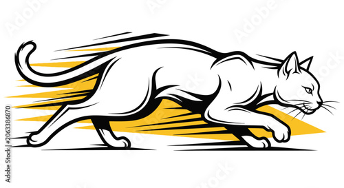 A sleek cat runs swiftly with motion lines behind it in a dynamic illustration.