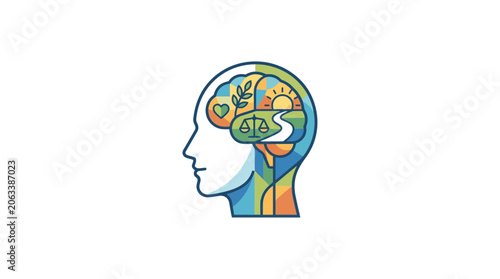 Abstract Human Head Profile With Mental Wellness Symbols