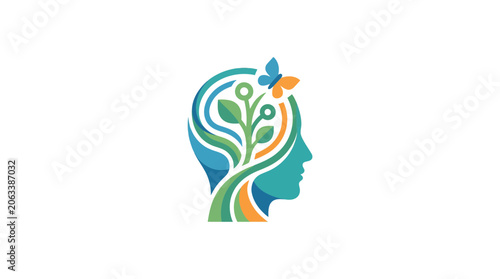 Abstract Human Head Profile with Plant Growth and Butterfly