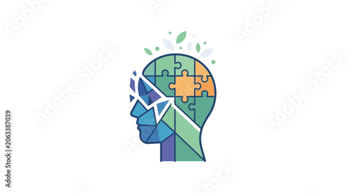 Abstract Human Head Silhouette Made of Puzzle Pieces and Geometry