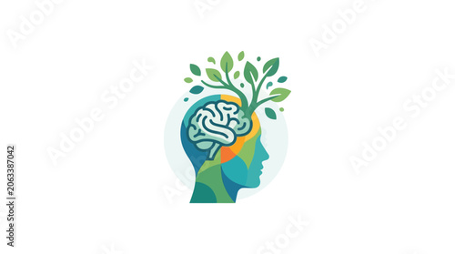 Abstract Human Head with Growing Tree and Brain Icon