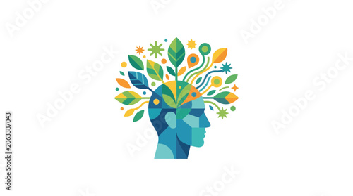 Abstract Human Head with Growing Leaves and Nature Elements