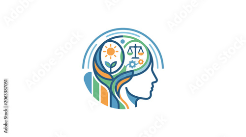 Abstract Human Mind Concept with Nature and Justice Symbols
