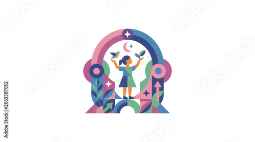 Abstract Illustration of Child Growth and Nature Connection