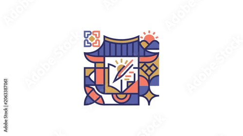Abstract Korean Architecture Line Art Illustration