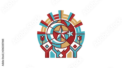 Abstract Islamic Art Emblem with Crescent and Star Motif