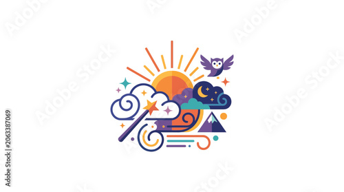 Abstract Magical Weather Composition with Owl and Sun