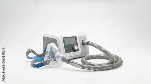 BiPAP Machine and Mask on White Background