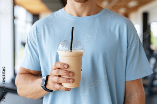 Athletic man holding a protein shake in a plastic cup with dome lid and straw at the gym